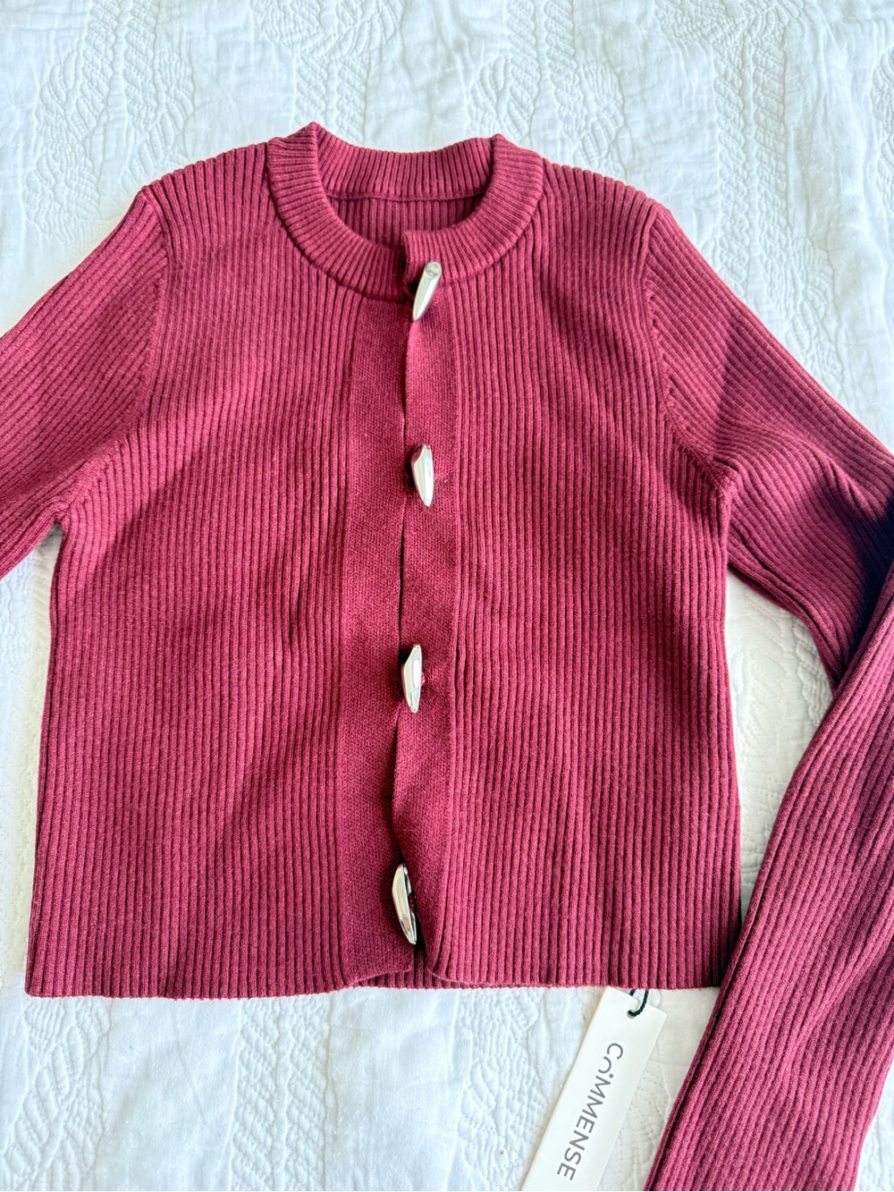 Commense Ribbed Button-Front Cardigan - Berry